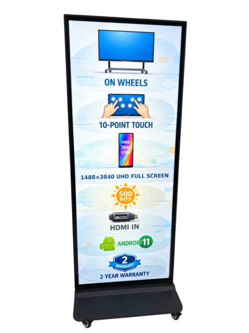 69-inch UHD full-screen touch digital signage on wheeled base