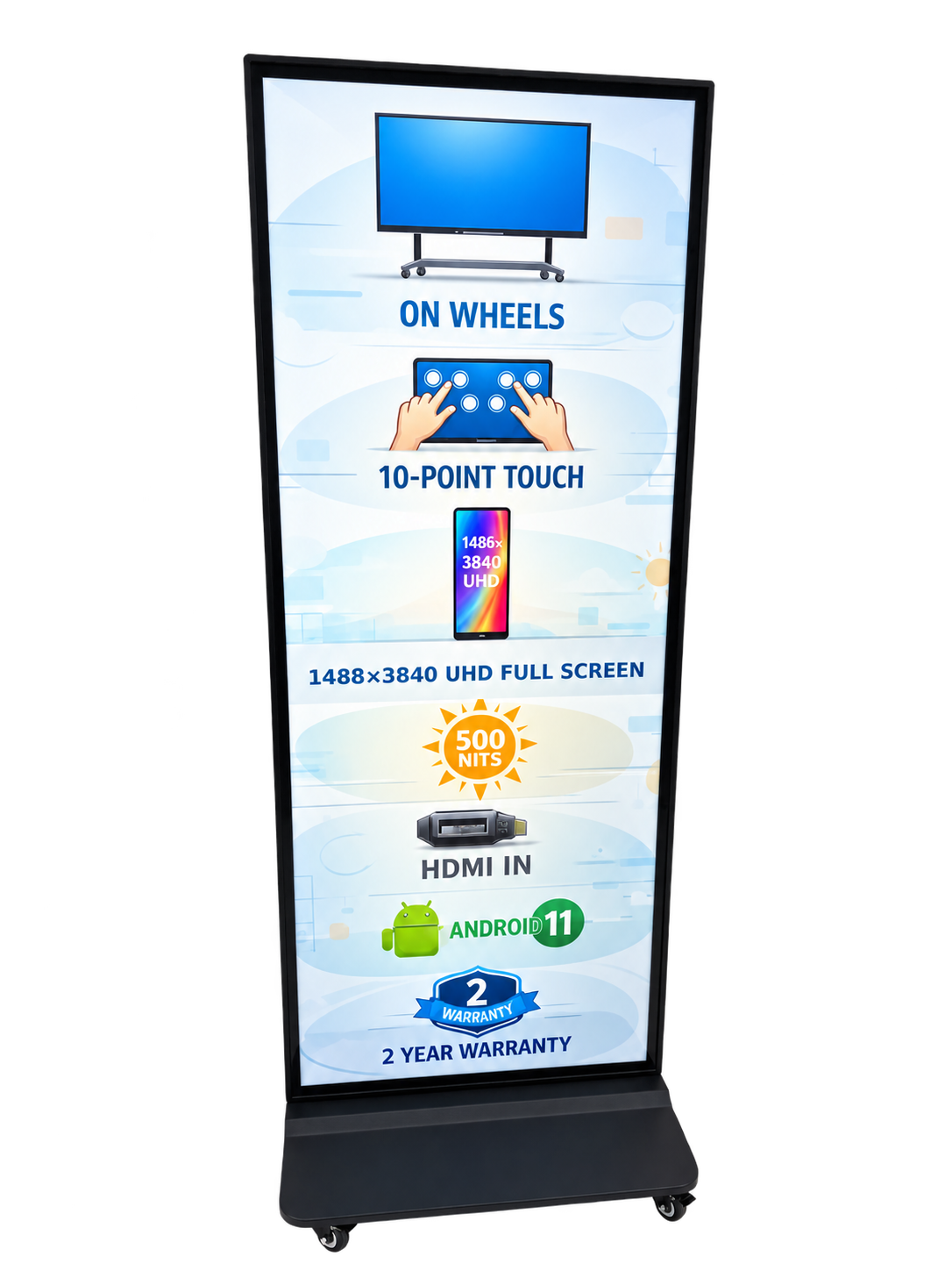69-inch UHD full-screen touch digital signage on wheeled base