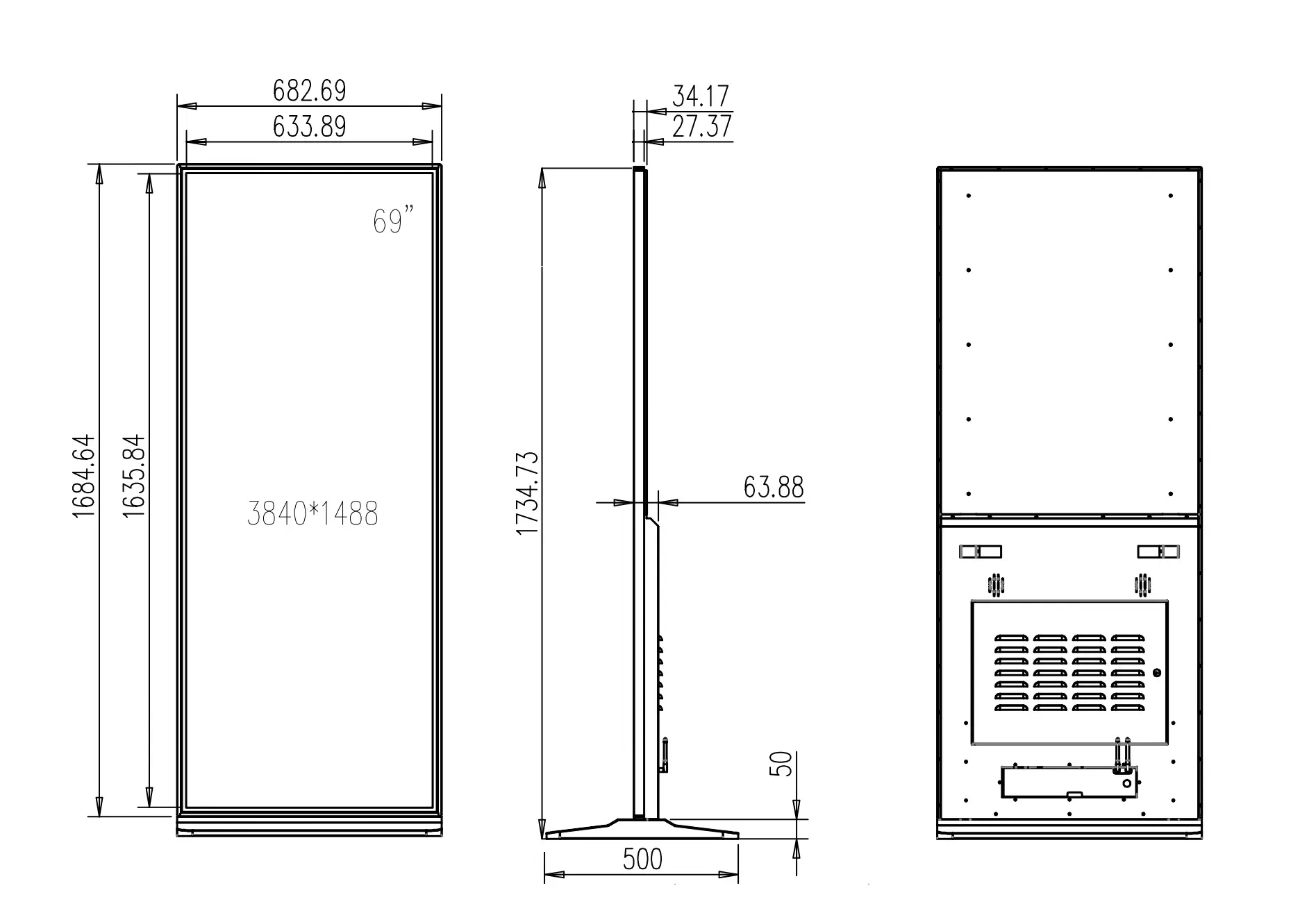 69-inch UHD full-screen touch digital signage dimensions and technical reference