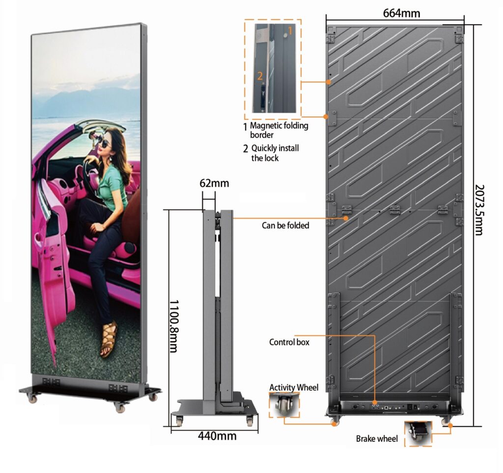 LED foldable poster display dimensions and product reference