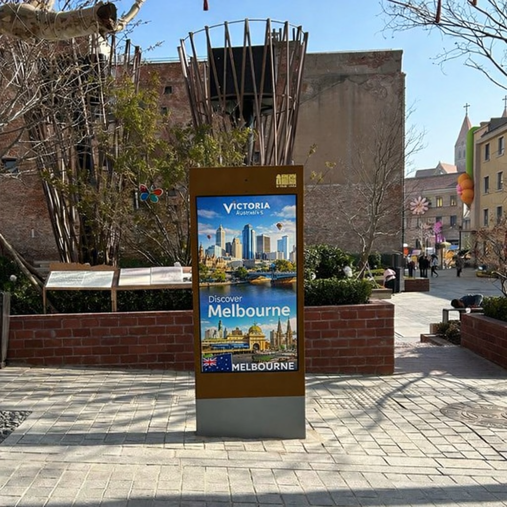 Outdoor digital signage kiosk installed on a Melbourne street