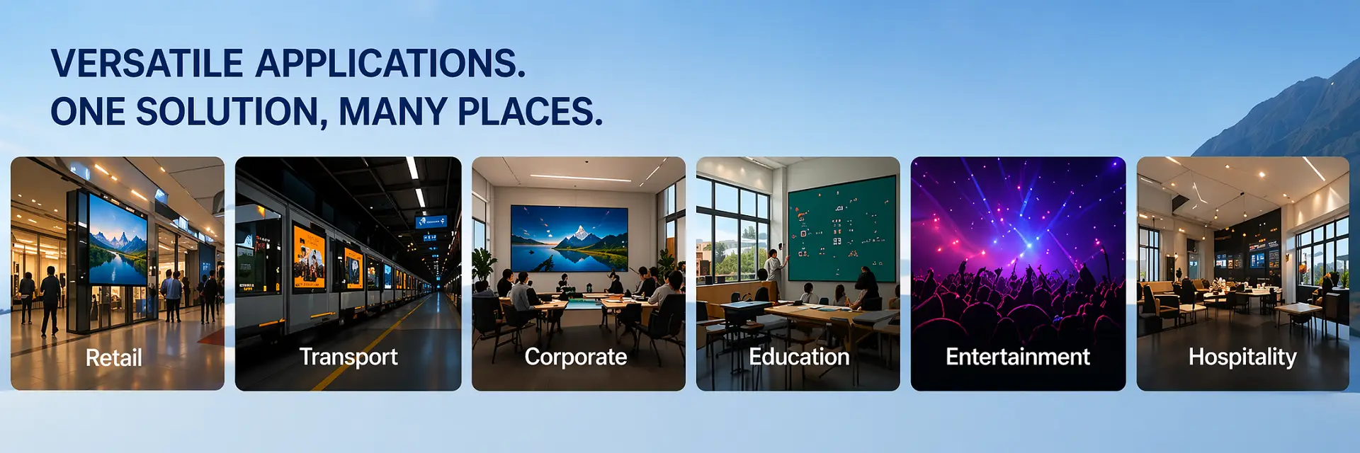 Versatile commercial display applications for retail transport corporate education entertainment and hospitality