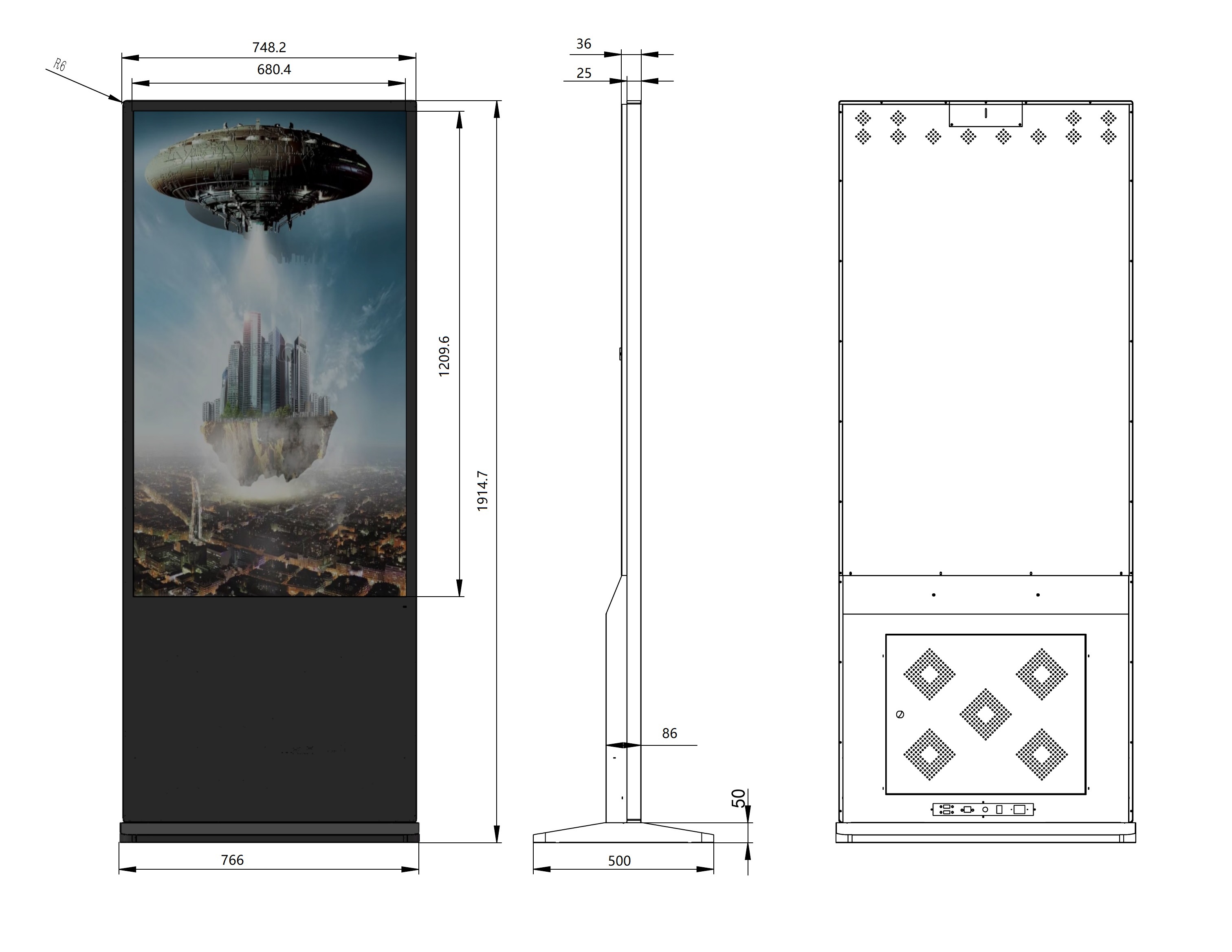 55-inch digital signage kiosk dimension drawing