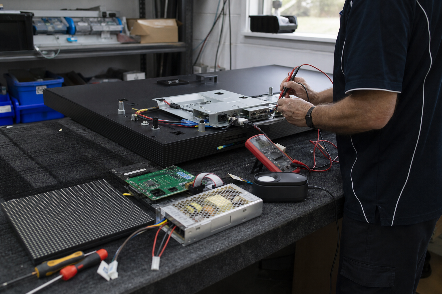 Technician testing commercial LCD and LED display components