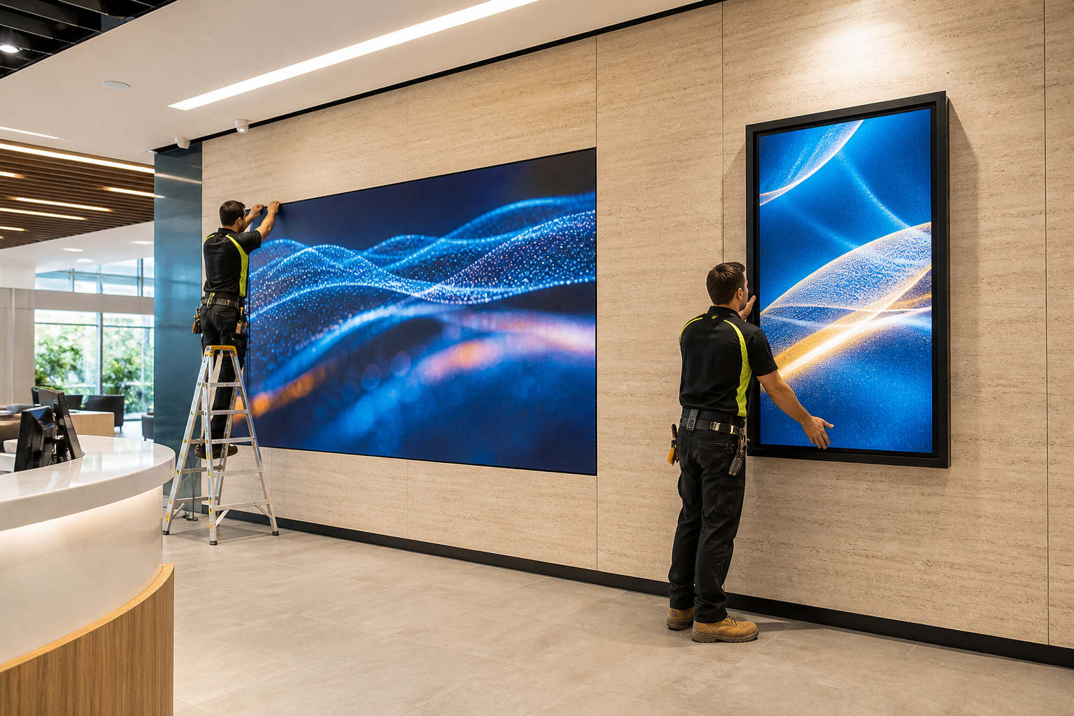 Technicians installing LED and LCD commercial displays