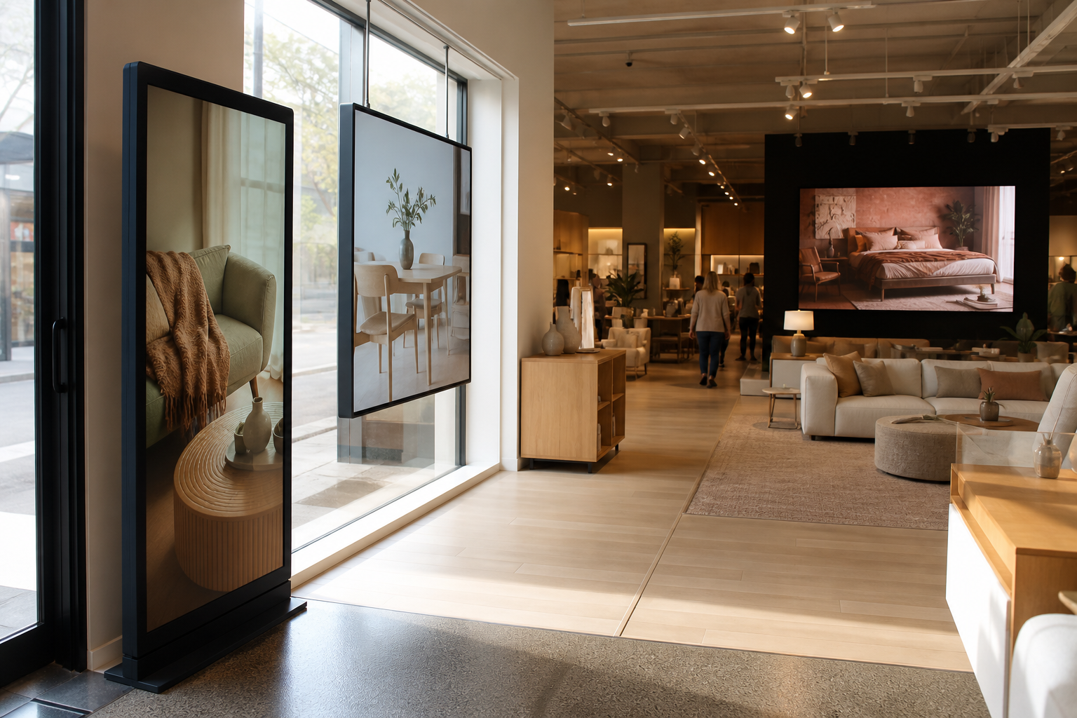 Commercial digital signage, window LCD and indoor LED displays in a retail showroom