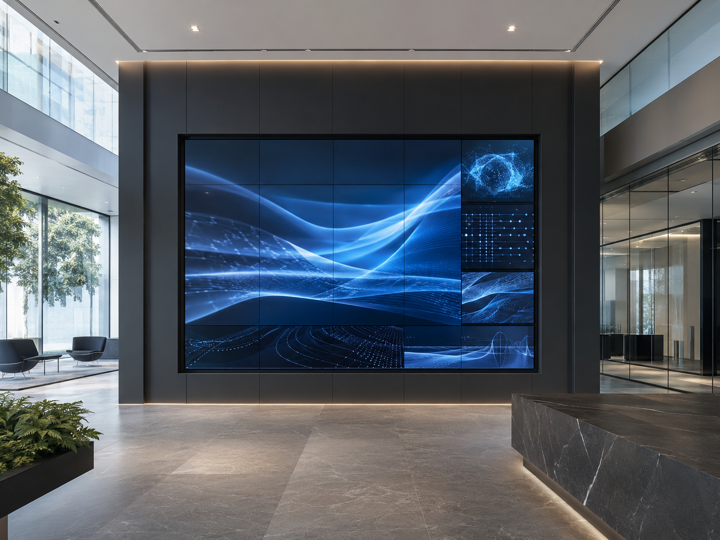 Commercial video wall installed in a modern corporate lobby