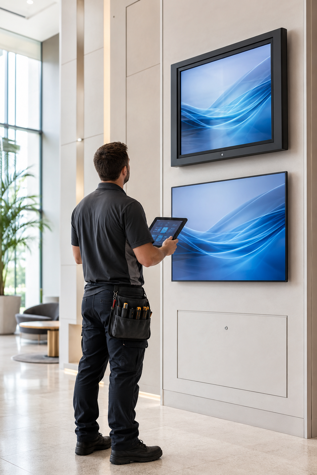 Technician checking commercial display screens with a control tablet