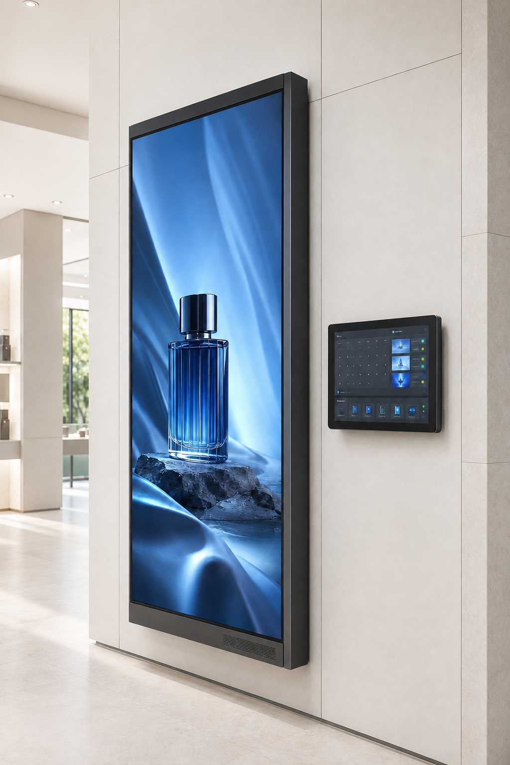 Portrait digital signage display beside a software control panel