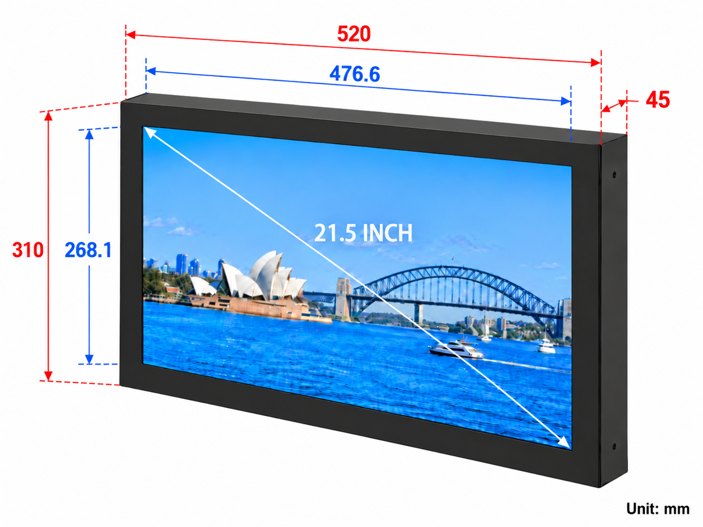 21.5-inch display dimensions: overall 520 by 310 by 45 millimetres and active area 476.6 by 268.1 millimetres