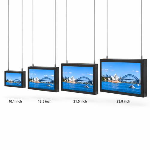 10.1, 18.5, 21.5 and 23.8 inch wire-suspended displays shown in proportional sizes