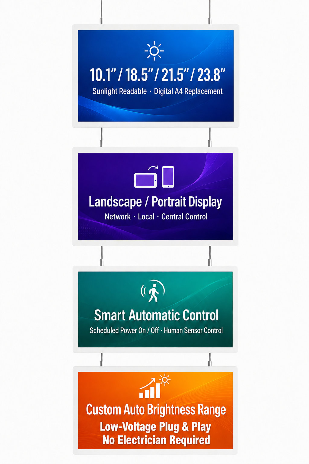 Wire-suspended digital signage system with Full HD display and smart control features