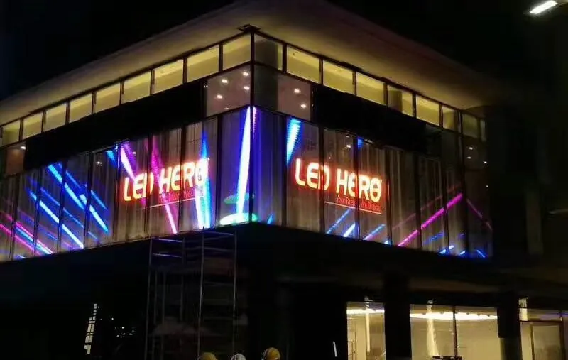 Transparent LED display on a shopfront glass facade