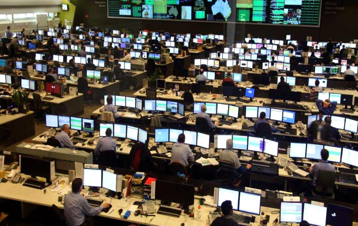 Control room with many display workstations