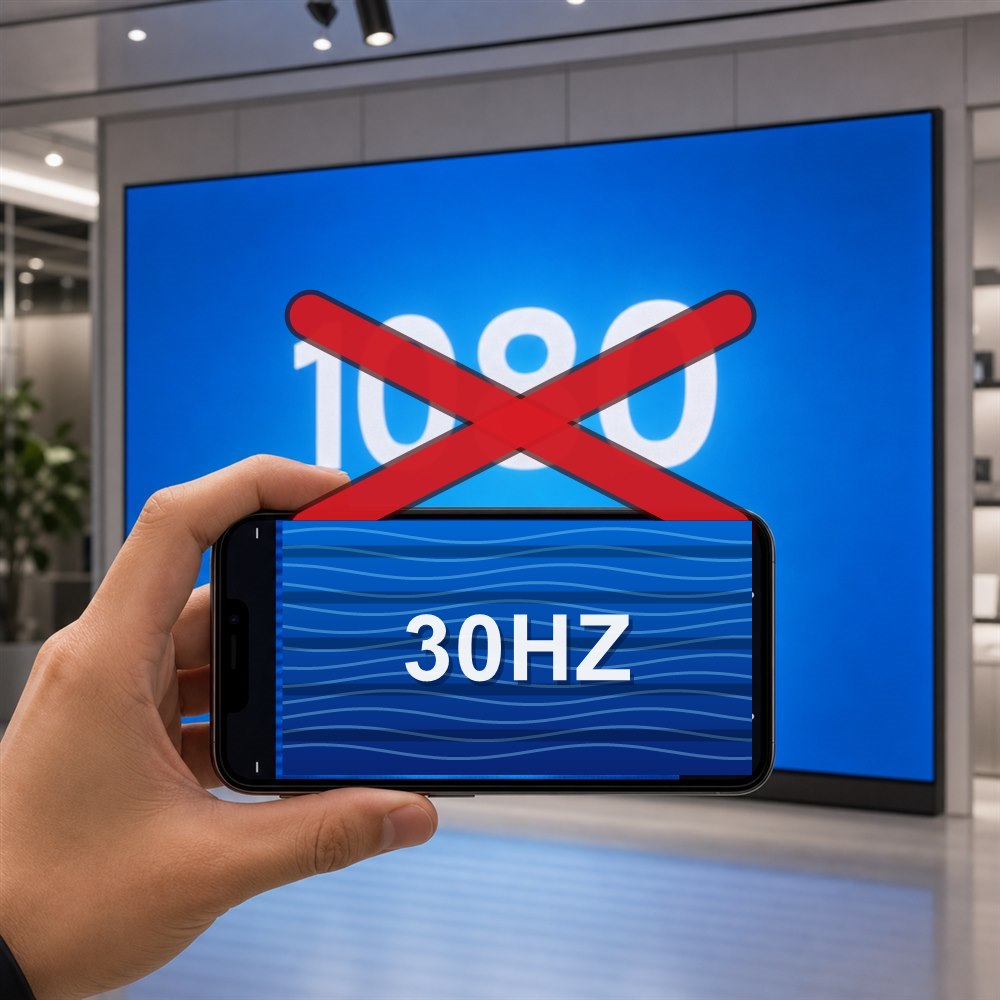 Advertised 1080 display marked with an X while a phone preview shows 30HZ with water-ripple flicker
