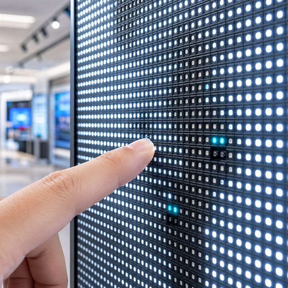 Bare indoor SMD LED lamp beads touched in a close-view public space with uneven light output