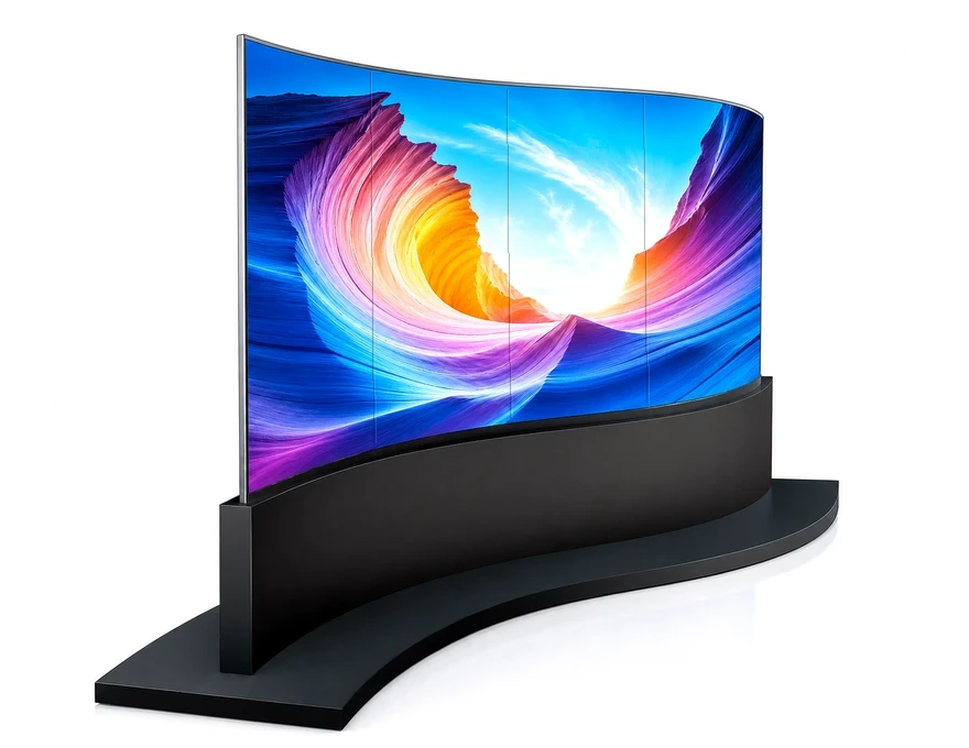 Flexible OLED curved display wall with 4 mm panel seams for premium commercial interiors