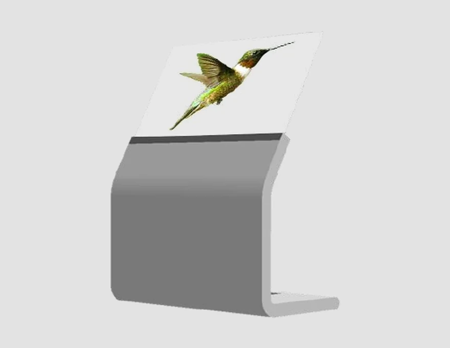 Slanted transparent OLED kiosk display for information and retail presentation