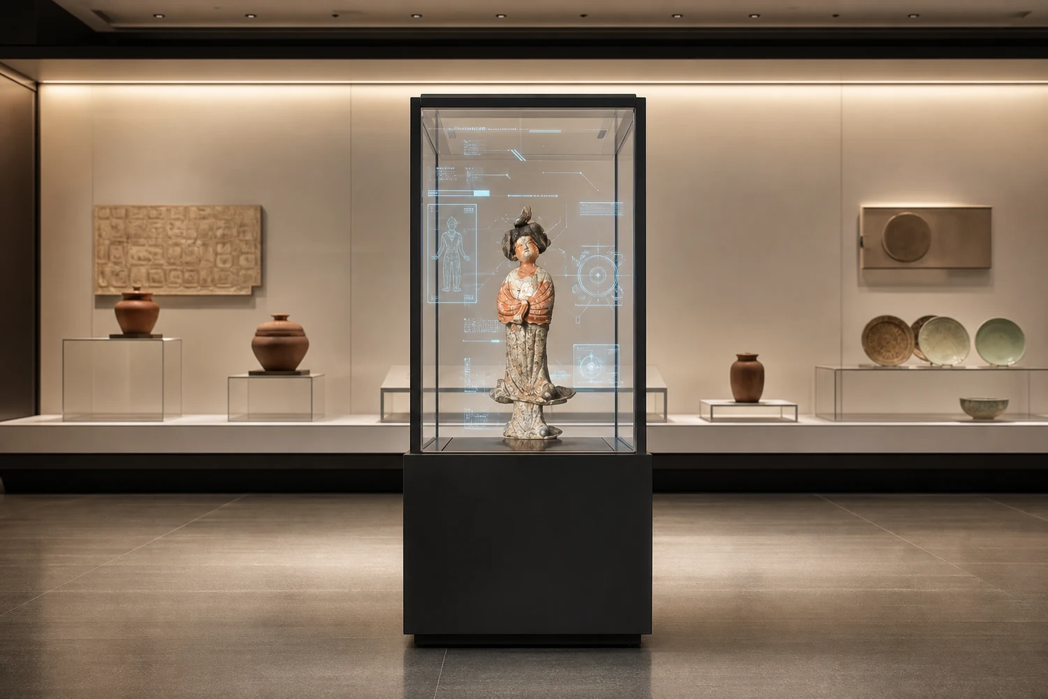 Transparent OLED showcase cabinet for museum, jewellery and premium product display